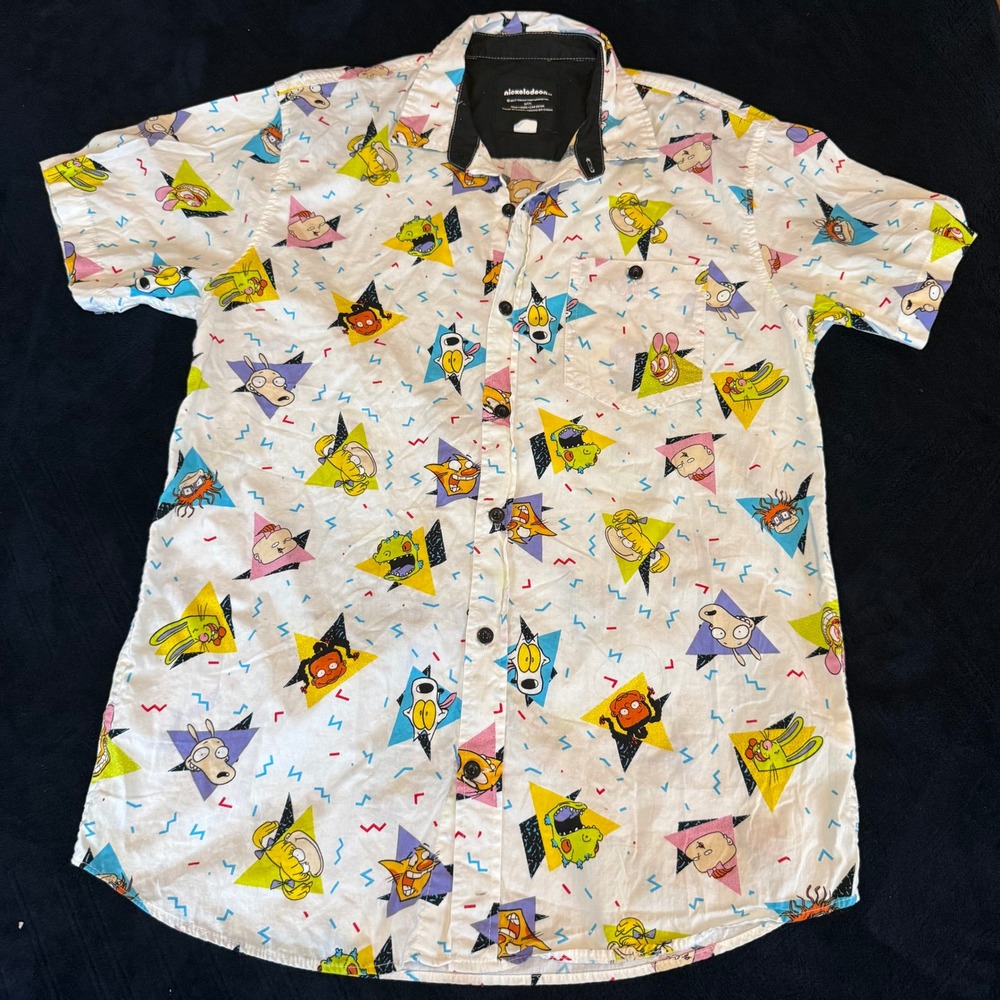 Nickelodeon 90s Cartoon Characters Button Down Shirt Mens Large Rugrats White